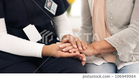 Senior person, holding hands and caregiver empathy, support and elderly care for client with medical problem. Retirement home, wellness and closeup clinic therapist, surgeon or nurse with kindness 106949984