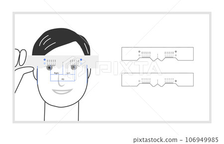 Character self measuring pupil distance with manual pupillometer for order glasses. Flat modern cartoon style blue color Character self measuring pupil distance with manual pupillometer for order glasses. Flat modern cartoon style blue color 106949985