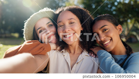 Selfie of group of women, camping and nature for summer vacation with smile, trees and sunshine. Relax, portrait of happy friends in forest on camp holiday with friendship, diversity and outdoor time 106950004