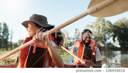 Couple, kayak and boat on lake outdoor for sports adventure or nature travel trip. Young man and woman together for fun workout, teamwork challenge and rowing on river or water on holiday or vacation Couple, kayak and boat on lake outdoor for sports adventure or nature travel trip. Young man and woman together for fun workout, teamwork challenge and rowing on river or water on holiday or vacation 106950018