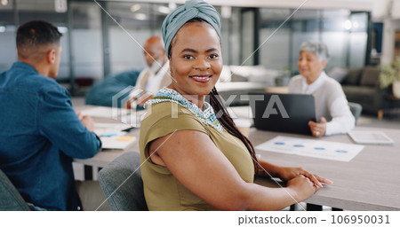 Leadership, brainstorming and portrait of black woman in office with corporate business people. Strategy, planning and collaboration, smile of businessman in conference room for professional workshop 106950031