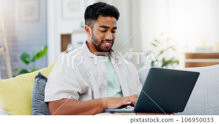Laptop, laughing and man on couch watching funny video, live streaming or reading post on social media. Happy person relaxing on sofa with computer, internet and wifi in his apartment or living room Laptop, laughing and man on couch watching funny video, live streaming or reading post on social media. Happy person relaxing on sofa with computer, internet and wifi in his apartment or living room 106950033