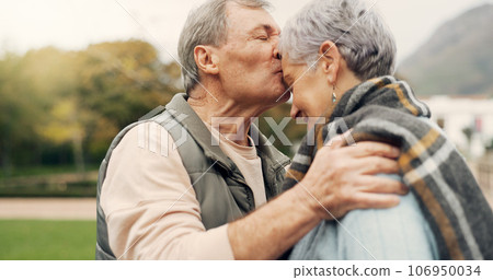 Forehead, kiss and senior couple in a park with love, happy and conversation with romantic bonding. Kissing, old people and elderly man embrace woman with care, romance or soulmate connection outdoor Forehead, kiss and senior couple in a park with love, happy and conversation with romantic bonding. Kissing, old people and elderly man embrace woman with care, romance or soulmate connection outdoor 106950034