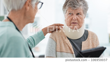 Doctor, tablet or patient in neck brace in consultation talking about results or planning rehabilitation in hospital. Advice, online or senior caregiver speaking to old woman with injury or accident Doctor, tablet or patient in neck brace in consultation talking about results or planning rehabilitation in hospital. Advice, online or senior caregiver speaking to old woman with injury or accident 106950037