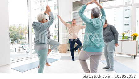 Senior workout, people with coach for fitness, wellness and training together. Happy, gym and elderly group of friends with trainer and gear for exercise in nursing home for retirement Senior workout, people with coach for fitness, wellness and training together. Happy, gym and elderly group of friends with trainer and gear for exercise in nursing home for retirement 106950038