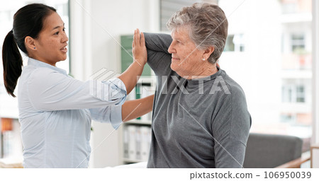 Physical therapy, therapist and senior woman for elbow, joint pain and stretching support or rehabilitation. Physiotherapy, medical professional or chiropractor person for arm check of elderly client Physical therapy, therapist and senior woman for elbow, joint pain and stretching support or rehabilitation. Physiotherapy, medical professional or chiropractor person for arm check of elderly client 106950039
