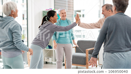 Fitness, high five and senior people for exercise support, collaboration and teamwork in yoga studio. Pilates, training and happy group of elderly man and women with hands together for health success Fitness, high five and senior people for exercise support, collaboration and teamwork in yoga studio. Pilates, training and happy group of elderly man and women with hands together for health success 106950040