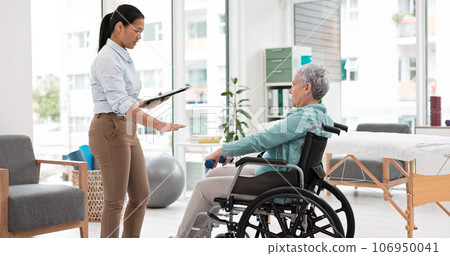 Woman with disability, physiotherapy and dumbbell rehabilitation of healthcare assessment, test or checklist of healing progress. Physiotherapist, clipboard or consulting senior patient in wheelchair Woman with disability, physiotherapy and dumbbell rehabilitation of healthcare assessment, test or checklist of healing progress. Physiotherapist, clipboard or consulting senior patient in wheelchair 106950041