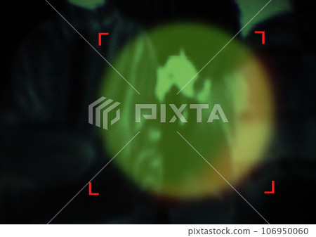 Military, enemy and target in night vision, overlay or dark green silhouette of spy, agent or terrorist risk to soldier. Police, surveillance and security people in infrared scope for army mission Military, enemy and target in night vision, overlay or dark green silhouette of spy, agent or terrorist risk to soldier. Police, surveillance and security people in infrared scope for army mission 106950060