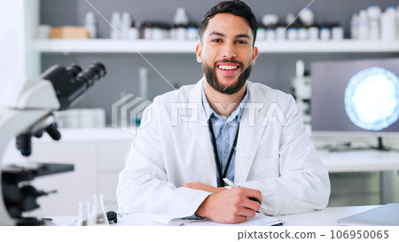 Doctor, medical researcher or surgeon, planning, taking notes and filling in forms alone at work. Portrait of one happy, smiling and cheerful scientist working at a lab, science facility or clinic 106950065