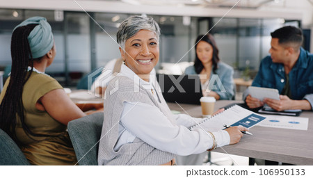Senior woman, portrait and meeting with leadership, collaboration with creativity and planning at marketing agency. Management, business team and conference room with smile, coworking and paperwork Senior woman, portrait and meeting with leadership, collaboration with creativity and planning at marketing agency. Management, business team and conference room with smile, coworking and paperwork 106950133