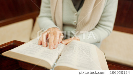 Studying, bible or hands of woman in church ready to worship God, holy spirit or religion in Christian cathedral. Faith closeup, learning or lady reading book in chapel praying to praise Jesus Christ Studying, bible or hands of woman in church ready to worship God, holy spirit or religion in Christian cathedral. Faith closeup, learning or lady reading book in chapel praying to praise Jesus Christ 106950134