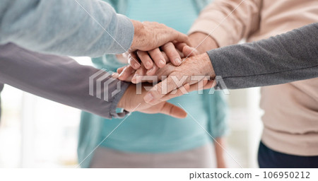 Fitness, high five and senior people for exercise support, collaboration and teamwork in yoga studio. Pilates, training and happy group of elderly man and women with hands together for health success Fitness, high five and senior people for exercise support, collaboration and teamwork in yoga studio. Pilates, training and happy group of elderly man and women with hands together for health success 106950212