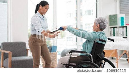 Woman with disability, physiotherapy and dumbbell exercise for healthcare assessment, test or digital checklist of medical progress. Physiotherapist, tablet or consulting senior patient in wheelchair Woman with disability, physiotherapy and dumbbell exercise for healthcare assessment, test or digital checklist of medical progress. Physiotherapist, tablet or consulting senior patient in wheelchair 106950215