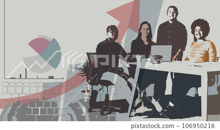 Digital, portrait and business people for collaboration in a meeting, working together and communication. Overlay, technology abstract and corporate employees for coworking, discussion or smile 106950216
