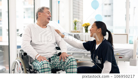 Senior happy man, communication or nurse talking, chat and consulting on medical results, healthcare or rehabilitation. Hospital wheelchair, nursing home caregiver or disabled person listen to doctor 106950217