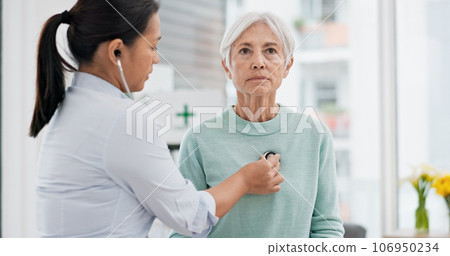 Old woman, doctor or stethoscope to check heartbeat or breathing and health of elderly patient in hospital. Consultation, listening or nurse with a senior patient for healthcare or wellness in clinic Old woman, doctor or stethoscope to check heartbeat or breathing and health of elderly patient in hospital. Consultation, listening or nurse with a senior patient for healthcare or wellness in clinic 106950234