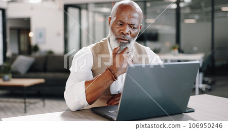 Thinking, laptop and senior business man in office for planning, schedule or management. Idea, solution and elderly African male executive online with plan doubt, problem solving or solution research Thinking, laptop and senior business man in office for planning, schedule or management. Idea, solution and elderly African male executive online with plan doubt, problem solving or solution research 106950246