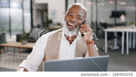 Black man, phone call or happy senior businessman in office for networking, good news or deal negotiation. Smile, laptop or mature CEO on mobile communication or discussion for online sales project 106950258