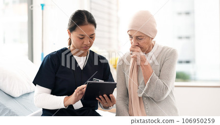 Tablet, nurse and woman with cancer patient, elderly and hospital consultation for wellness. Tech, happy and medical professional with sick senior person coughing for advice, healthcare or support Tablet, nurse and woman with cancer patient, elderly and hospital consultation for wellness. Tech, happy and medical professional with sick senior person coughing for advice, healthcare or support 106950259
