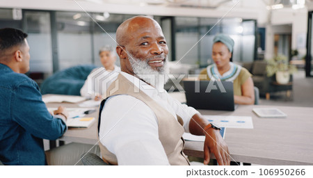 Smile, meeting and portrait of black man in office with corporate business people. Strategy, planning and collaboration, mature businessman in conference room for professional workshop in Africa. 106950266