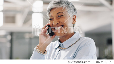 Smile, phone call or happy senior businesswoman in office for networking, good news or deal negotiation. Laughing, face or proud mature CEO on mobile communication for target, discussion or mission Smile, phone call or happy senior businesswoman in office for networking, good news or deal negotiation. Laughing, face or proud mature CEO on mobile communication for target, discussion or mission 106950296