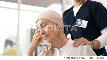 Comfort, senior woman and cancer patient with nurse in hospital for support, healthcare and thinking. Sick elderly person, hand of medical professional and hope, empathy and courage in consultation 106950301