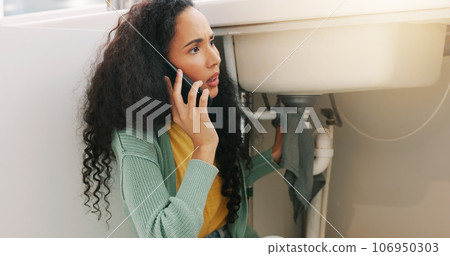 Sink repair, plumbing and woman on a phone call for maintenance, plumber service and home construction. Communication, manual labour and girl calling handyman for faucet problem, leak or kitchen pipe 106950303