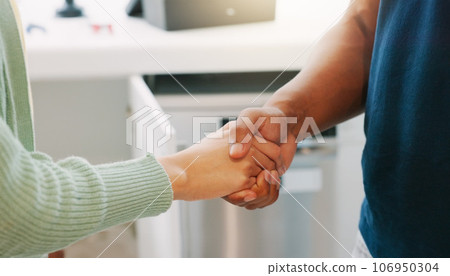 Handshake, kitchen and closeup with man, woman and agreement for plumbing services in home. Shaking hands, plumber and client with thank you for maintenance, repair and consulting in house for job Handshake, kitchen and closeup with man, woman and agreement for plumbing services in home. Shaking hands, plumber and client with thank you for maintenance, repair and consulting in house for job 106950304