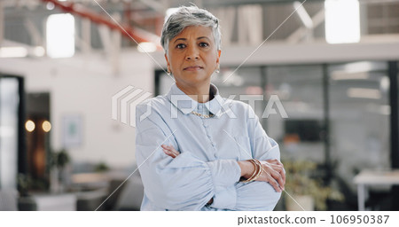 Senior business woman, arms crossed and portrait with leadership, confidence and pride for career. Mature ceo lady, serious face and management job at startup, modern office or professional workplace Senior business woman, arms crossed and portrait with leadership, confidence and pride for career. Mature ceo lady, serious face and management job at startup, modern office or professional workplace 106950387