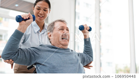 Physical therapy, senior patient with dumbbells and chiropractor with weightlifting, monitor progress and exercise. Help, support with old man and woman at clinic, muscle and health with physio 106950448