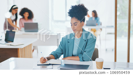 Book, writer and woman on desk in office, startup and working on business project. Notebook, creative and African professional at table, writing ideas and planning reminder for schedule in journal. Book, writer and woman on desk in office, startup and working on business project. Notebook, creative and African professional at table, writing ideas and planning reminder for schedule in journal. 106950459