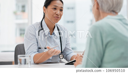 Medical consultation, tablet and senior woman, doctor and talk to patient, explain hospital services or healthcare insurance. Chat, results or cardiology worker consulting, advice or help old person Medical consultation, tablet and senior woman, doctor and talk to patient, explain hospital services or healthcare insurance. Chat, results or cardiology worker consulting, advice or help old person 106950510
