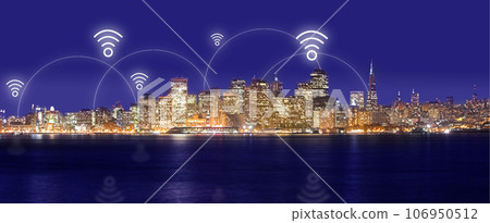 City, night and wireless network or internet with neon overlay, lights and connection for communication. Cityscape, future technology and icon for location, streaming and connectivity or tower access City, night and wireless network or internet with neon overlay, lights and connection for communication. Cityscape, future technology and icon for location, streaming and connectivity or tower access 106950512