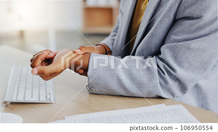 Hands of business man with problem, carpal tunnel syndrome or sore wrist from keyboard typing, office work or corporate project. Arthritis risk, medical crisis and hurt male worker with injury pain Hands of business man with problem, carpal tunnel syndrome or sore wrist from keyboard typing, office work or corporate project. Arthritis risk, medical crisis and hurt male worker with injury pain 106950554
