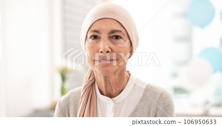 Face, elderly woman and cancer patient in hospital for healthcare, wellness and healing. Portrait, senior and sick person in clinic with strong mindset for courage to fight for health in retirement 106950633