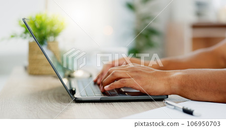Typing, search and laptop with hands of man in home office for freelancer, remote work and email. Technology, internet and keyboard with male browsing online for communication, information and report Typing, search and laptop with hands of man in home office for freelancer, remote work and email. Technology, internet and keyboard with male browsing online for communication, information and report 106950703
