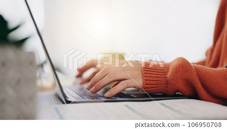 Closeup, hands and woman with laptop, typing and planning for new project, deadline and creativity. Zoom, female entrepreneur and lady with device, keyboard or schedule with inspiration or motivation Closeup, hands and woman with laptop, typing and planning for new project, deadline and creativity. Zoom, female entrepreneur and lady with device, keyboard or schedule with inspiration or motivation 106950708