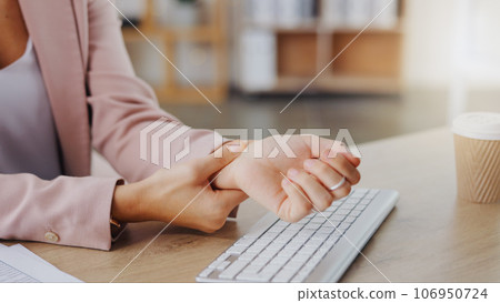 Hands, massage and woman with injury problem, carpal tunnel syndrome or wrist accident from keyboard typing, Medical emergency, anatomy crisis and hurt female employee with pain, arthritis or risk Hands, massage and woman with injury problem, carpal tunnel syndrome or wrist accident from keyboard typing, Medical emergency, anatomy crisis and hurt female employee with pain, arthritis or risk 106950724