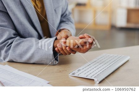 Hands of business man with problem, carpal tunnel syndrome or sore wrist from keyboard typing, office work or corporate project. Arthritis risk, medical crisis and hurt male worker with injury pain 106950762