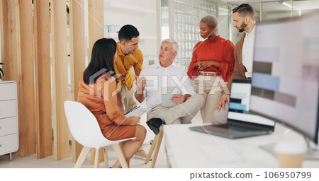 Business people, startup and meeting with creative group, strategy and ideas at modern office with diversity. Web design team, technology and discussion, planning for SEO project and communication 106950799