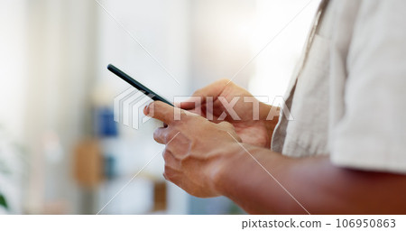 Closeup, man and hands with smartphone, typing and connection for social media, texting and email. Zoom, hand and cellphone for texting, signal and online reading for information and communication 106950863