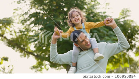 Happy, piggyback and father with girl in nature, bonding and having fun. Smile, dad and carrying child on shoulders, play and enjoying quality family time together outdoor in park with love and care. Happy, piggyback and father with girl in nature, bonding and having fun. Smile, dad and carrying child on shoulders, play and enjoying quality family time together outdoor in park with love and care. 106950884