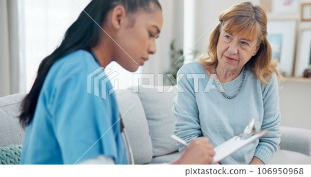 Clipboard, senior woman talking or nurse writing answers, ask question or check healthcare info, medical summary or survey. Questionnaire, retirement home or caregiver consulting with elderly patient Clipboard, senior woman talking or nurse writing answers, ask question or check healthcare info, medical summary or survey. Questionnaire, retirement home or caregiver consulting with elderly patient 106950968