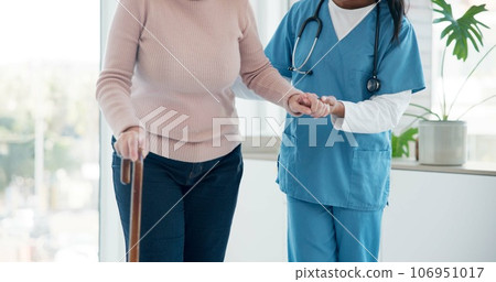 Caregiver hands, disabled and old woman with walking stick for support, senior wellness care or movement disability. Elderly rehabilitation service, retirement home and nurse help patient with cane Caregiver hands, disabled and old woman with walking stick for support, senior wellness care or movement disability. Elderly rehabilitation service, retirement home and nurse help patient with cane 106951017