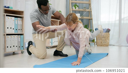 Physiotherapist, body stretching and senior woman for rehabilitation, recovery and black man stretching client. Retirement physiotherapy, injury healing and physical therapist help elderly patient 106951021