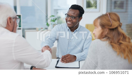 Senior couple, insurance agent and handshake with planning and investment at meeting. Finance, shaking hands and agreement deal for accounting and retirement budget for income savings with thank you Senior couple, insurance agent and handshake with planning and investment at meeting. Finance, shaking hands and agreement deal for accounting and retirement budget for income savings with thank you 106951071