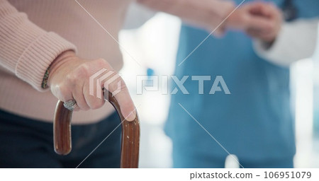 Nurse, disabled and old person hands with walking stick for support, elderly care or movement disability. Senior rehabilitation service, retirement home physiotherapy or worker help patient with cane 106951079