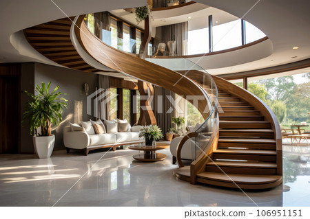 Modern house interior with spiral staircase, hallway in luxury mansion 106951151