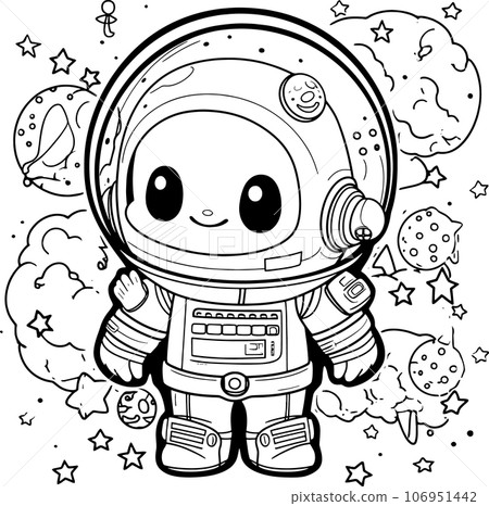 Cute Astronaut, black and white coloring page for kids and adults , line art, simple cartoon style, happy cute and funny Cute Astronaut, black and white coloring page for kids and adults , line art, simple cartoon style, happy cute and funny 106951442